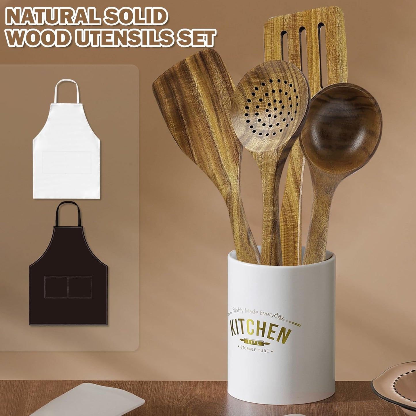 4pcs Wooden Spoons for Cooking Kitchen Utensils Set with 2PCS Aprons Natural Teak Wood Utensil Comfort Grip Wooden Spatulas for Cooking Non-Stick Wood Cooking Ladle Sets Kitchen Gadgets