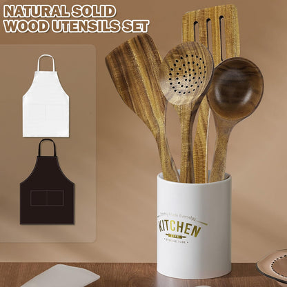 4pcs Wooden Spoons for Cooking Kitchen Utensils Set with 2PCS Aprons Natural Teak Wood Utensil Comfort Grip Wooden Spatulas for Cooking Non-Stick Wood Cooking Ladle Sets Kitchen Gadgets