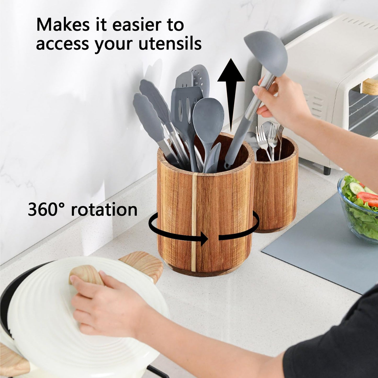Sameme Acacia Wood Utensil Holder for Kitchen Counter, 360° Rotating 7.3"+5.7" Large Cooking Utensil Holder,Kitchen Utensil Crock for Countertop,Farmhouse Kitchen Decor,Spatula Holder Set of 2