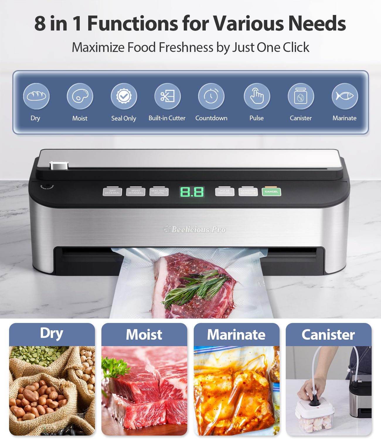 PressFree TRUE-Auto Vacuum Sealer Machine, Beelicious 85KPA Fully Automatic 8-IN-1 Food Sealer with Bags Storage, Build-in Cutter, Moist Mode and Air Suction Hose | Digital Countdown | Sous Vide