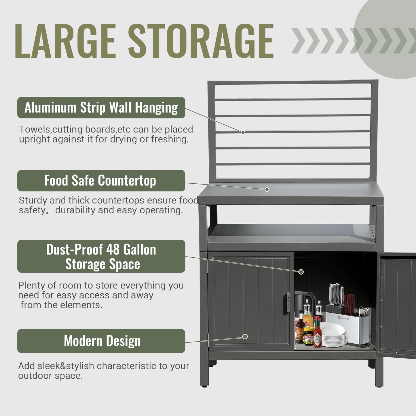 Domi Outdoor Kitchen Series, Modular Kitchen Island Counter with Whole Aluminum Finish & Shelf & Wall Hanging & Countertop & Storage Box & Cover, BBQ Grill Table for Deck Patio, Dark Gray