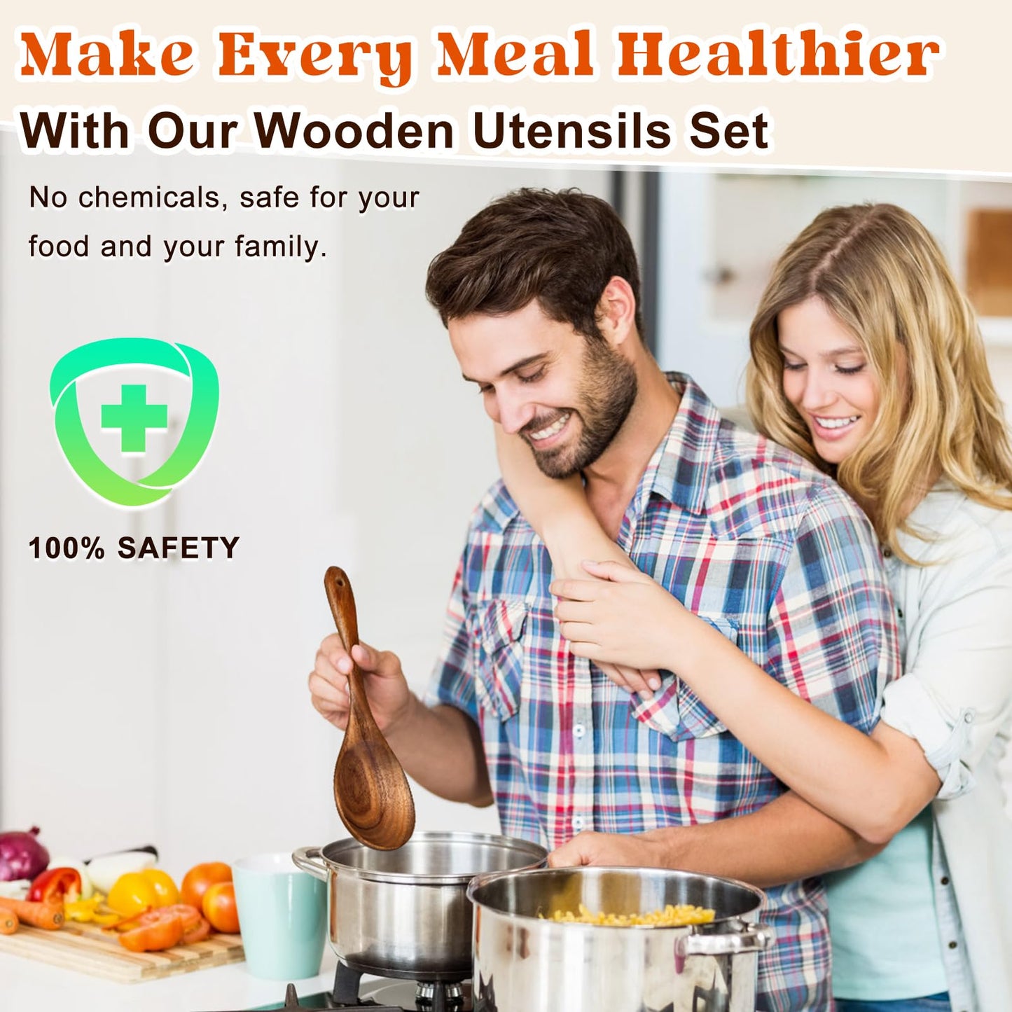 4Pcs Wooden Spoons for Cooking, Acacia Wood Kitchen Utensils Set for Nonstick Pans, Smooth Finish Cooking Utensils with Long Handle, Wooden Spatula for Cooking, Mixing, Baking