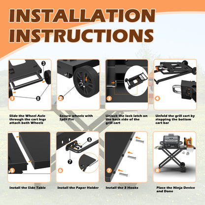 MOASKER Woodfire Outdoor Grill Stand for Ninja Woodfire OG700 Series, Collapsible Outdoor Grill Stand for Ninja OG701 OG751 Woodfire Accessories Portable Grill Cart with Wheels for Outside Camping