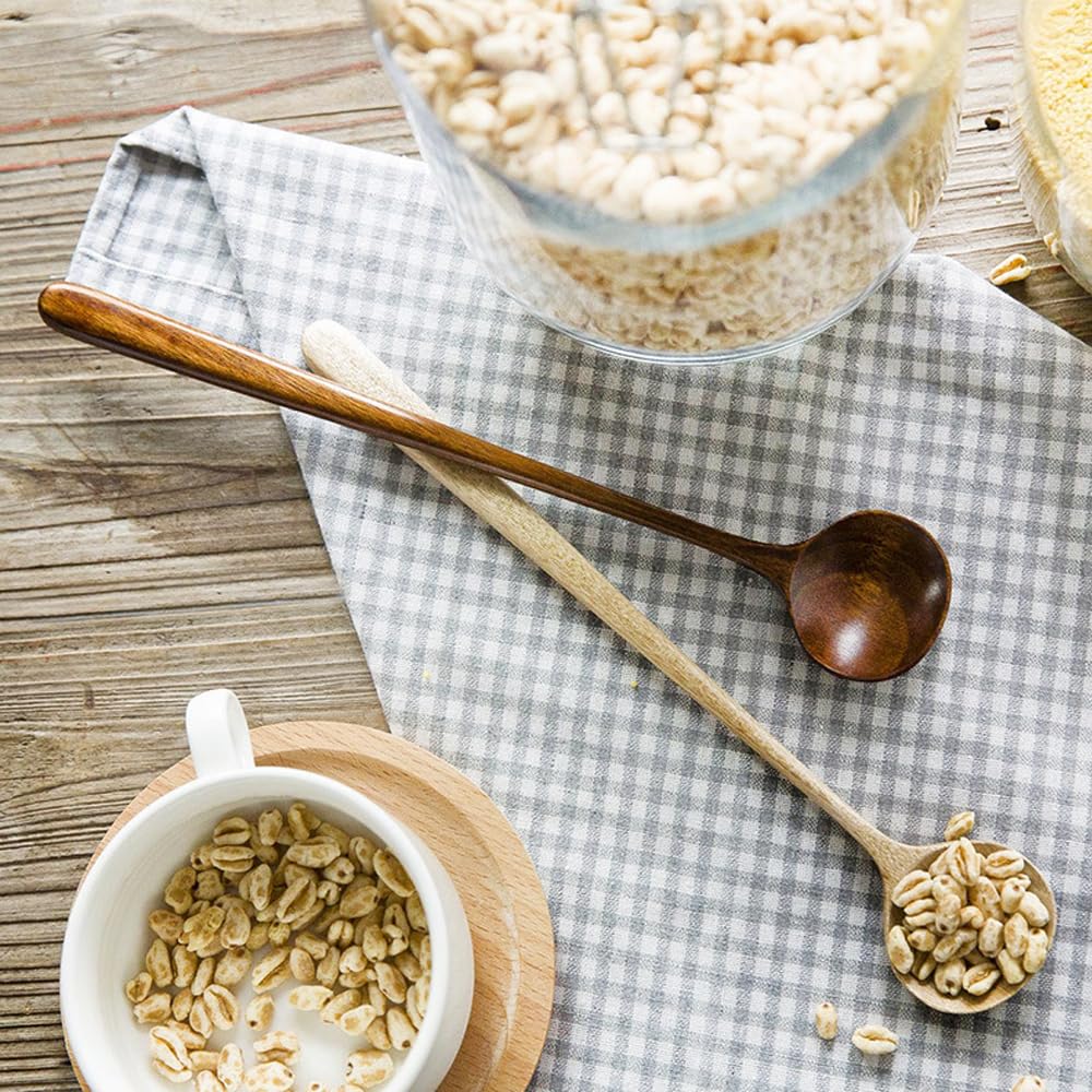 Long Soup Spoons, 1 Pieces Korean Style 11 Inches 100% Natural Wood Long Handle Round Spoons for Soup Mixing Stirrer Kitchen Tools Utensils