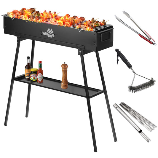 WILLBBQ Charcoal Grills Commercial Quality Portable Multiple Size Hibachi BBQ Lamb Skewer Folded Camping Barbecue Grill for Backyard Party Picnic Use(31.6x7.1x5.1 inch With Accessories),BLACK