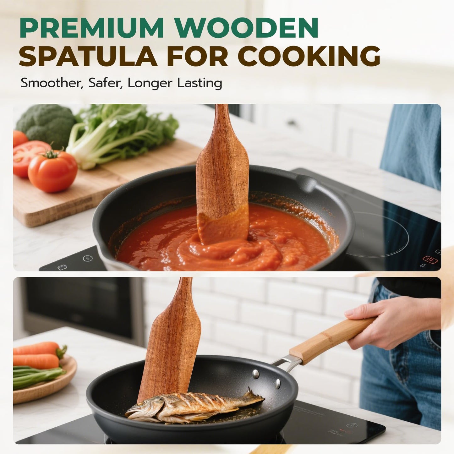 KAQISE Wooden Spatula for Cooking, Heat-Resistant Teak Wood Spatula/Turner, Kitchen Utensil with Smooth Finish,Non-Scratch Non-Stick Pans, Long Handle Handcrafted Scraper Spurtle for Flipping,Serving