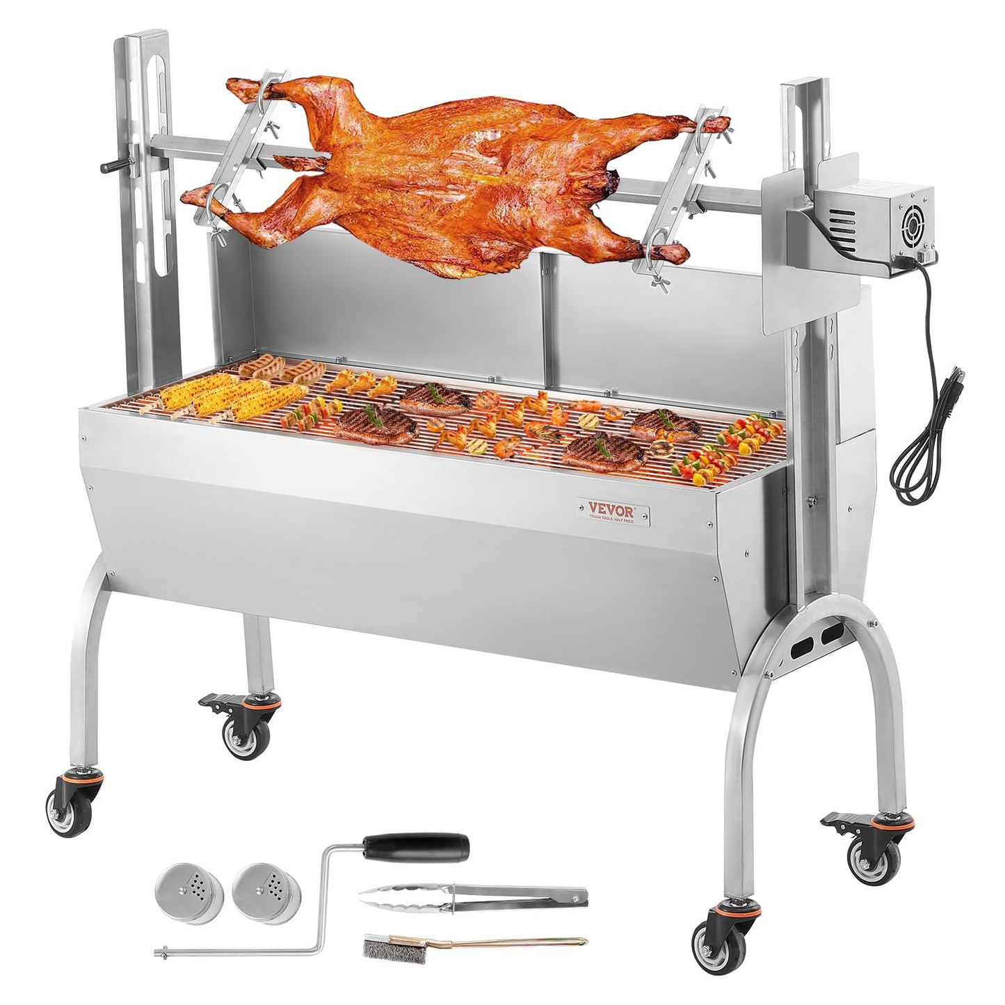 VEVOR Rotisserie Grill with Windscreen, BBQ Whole Pig Lamb Goat Charcoal Spit Grill, 46 Inch 132 Lbs Capacity, Electric 52W Motor Stainless Steel Roaster with Lockable Wheels, for Camping Outdoor
