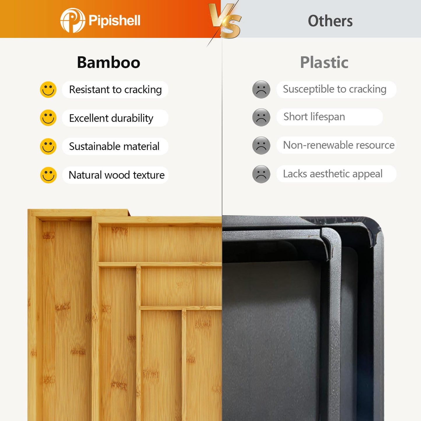 Pipishell Bamboo Silverware Organizer, Expandable Cutlery Tray, Utensil Drawer Organizer in Kitchen for Spoons Forks Knives, Multipurpose Use, Natural, Large