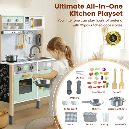 Uiirvdy Play Kitchen Wooden Kids Kitchen Playset Pretending Toys for Toddlers with Real Lights & Sounds, 3 Heights Adjustable, Chalkboard, 35Pcs Toy Food & Cookware Accessories-Green