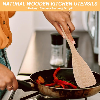 Wanmu 2 Pcs Wooden Spatulas for Cooking, 13 Inches Flat Beech Turner, Wooden Cooking Utensils, Long Handle Scraper, Non Scratch Wok Spatula for Kitchen Non Stick Cookware