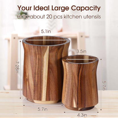 Teenyyou 2 Pcs Wooden Utensil Holder 360° Rotating Kitchen Utensil Holder 7.3" and 5.7" Large Cooking Tool Organizer Crock for Kitchen Countertop Farmhouse Home Decoration