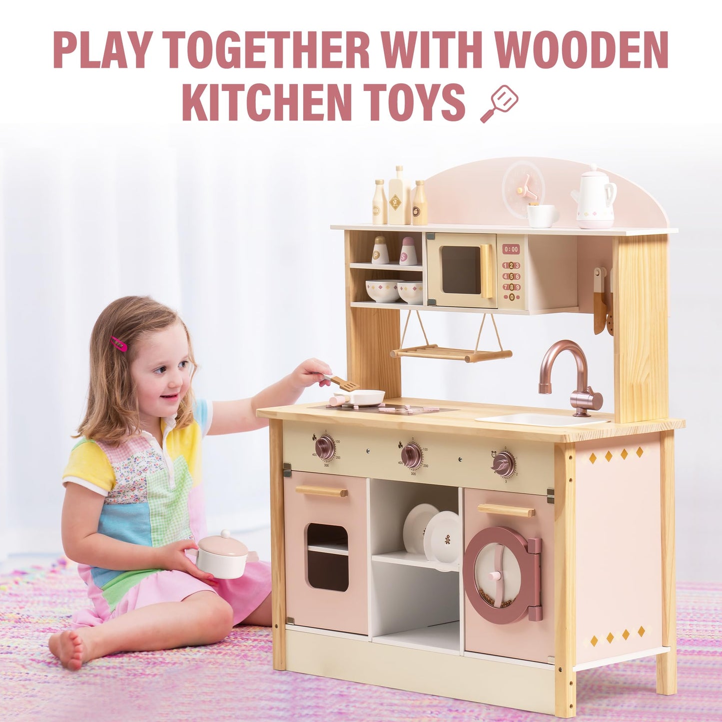 ROBOTIME Wooden Play Kitchen Set, Pretend Play Kitchen Set for Kids with Realistic Design, Kids & Toddlers Kitchen Playset with Dishwasher, Toy Kitchen Set for Boys and Girls Ages 3+ (Pink)