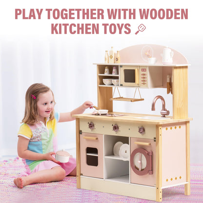 ROBOTIME Wooden Play Kitchen Set, Pretend Play Kitchen Set for Kids with Realistic Design, Kids & Toddlers Kitchen Playset with Dishwasher, Toy Kitchen Set for Boys and Girls Ages 3+ (Pink)