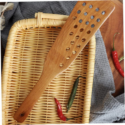SHOWERORO 24 Hole Frying Spatula Wood Slotted Spatula Bread Stirring Stick with Hanging Hole Wooden Kitchen Stirring Tool for Sour