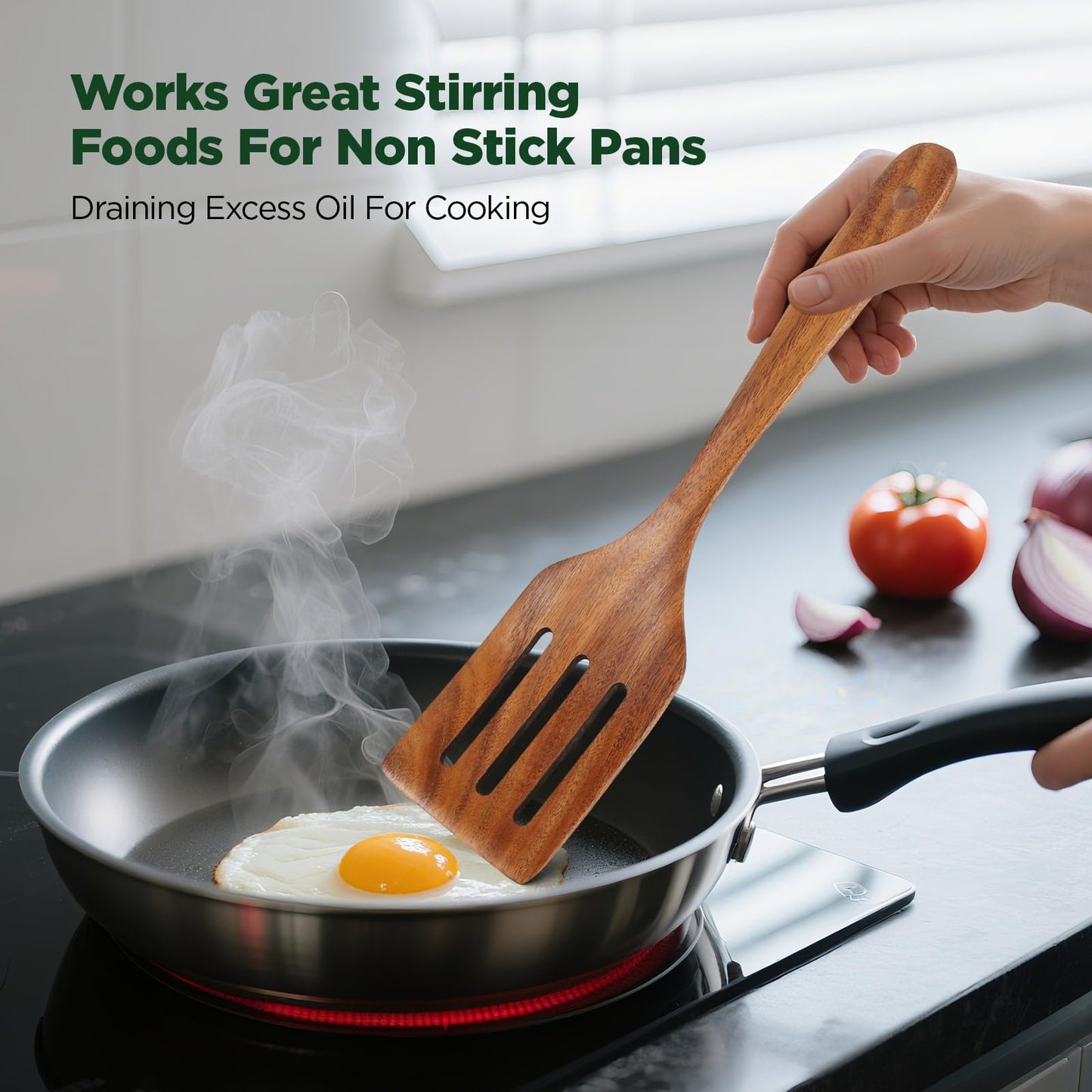 ANBUY Wooden Spatula for Cooking, Teak Wood Spatula Set for Nonstick Pan, Heat Resistant Kitchen Cooking Utensils Set, 2 PCS Slotted Spatula & Turner Non Toxic