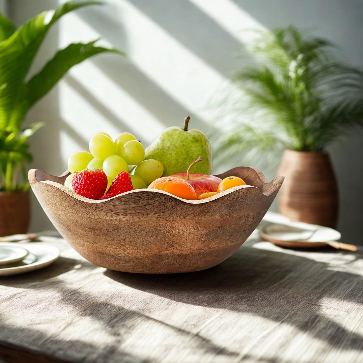 TrendBell Handmade Large Wooden Bowl Mango Wood Decorative Bowl for Veggies, Fruits Wooden Serving Scalloped Bowl Modern Rustic Home Decorations Home Party Wedding Décor 12 x 4.5 x 11 Inches