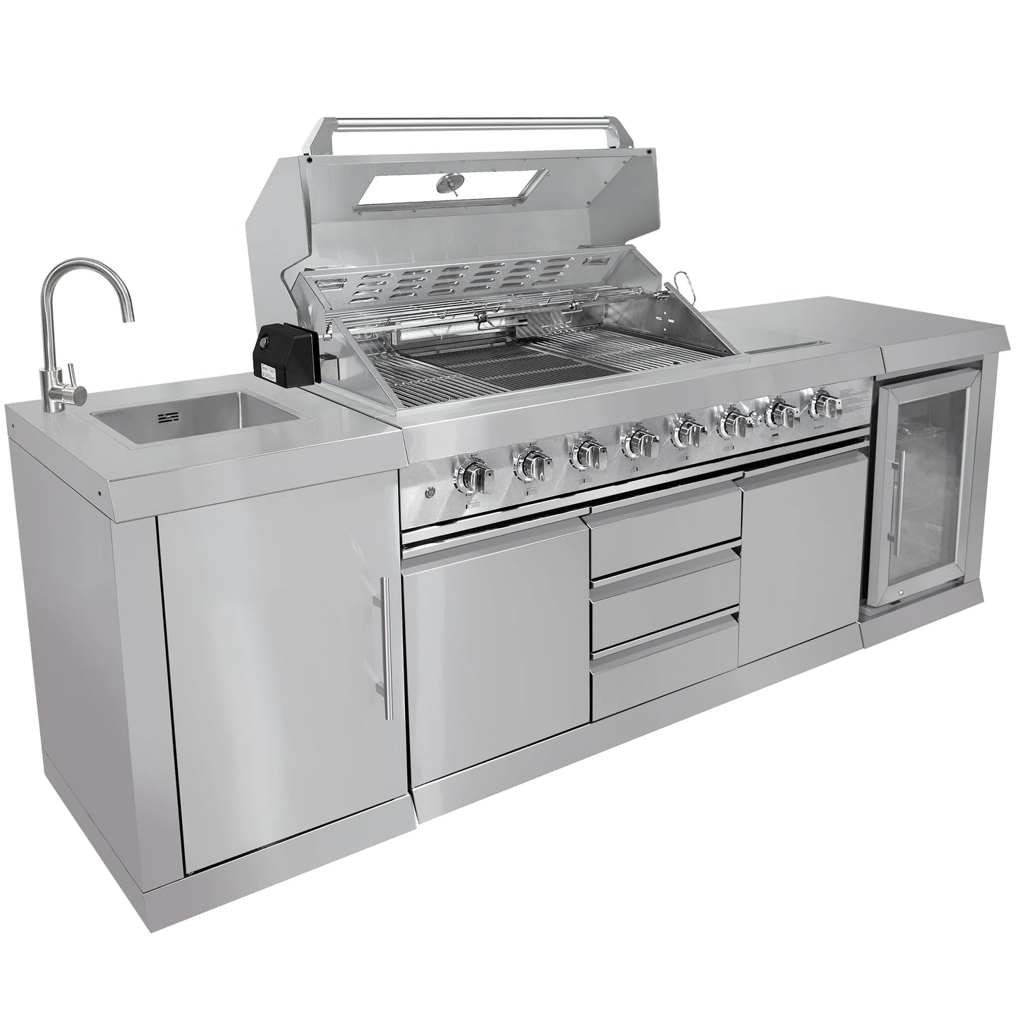 CT Copper Tailor 6-Burner Outdoor Kitchen BBQ Gas Grill Island with Infrared Rear Burner,Side Burner,Storage Cabinets & Drawers,Sink,Cooler,Stainless Steel (with Natural Gas Kit)
