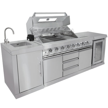 CT Copper Tailor 6-Burner Outdoor Kitchen BBQ Gas Grill Island with Infrared Rear Burner,Side Burner,Storage Cabinets & Drawers,Sink,Cooler,Stainless Steel (with Natural Gas Kit)