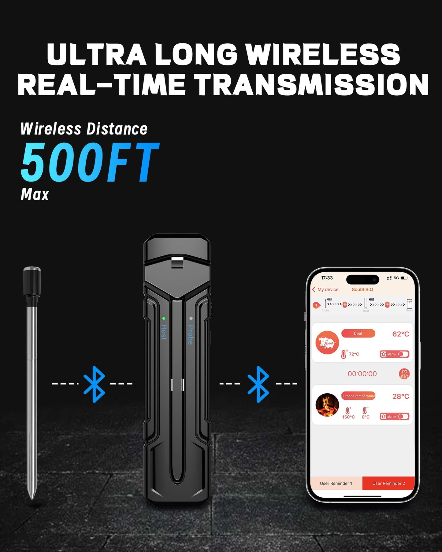 Beofinest Wireless Meat Thermometer, 500ft Range, Bluetooth, Digital, Smart App Control for Grilling, Smoking, BBQ, Oven, Grill, Smoker, Rotisserie