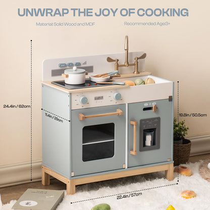 ROBOTIME Play Kitchen for Toddlers, Wooden Kids Play Kitchen Playset with Real Lights & Sounds/Ice Cube Dispenser, Pretend Play Toy Kitchen, Gift for Ages 3+ (Blue)