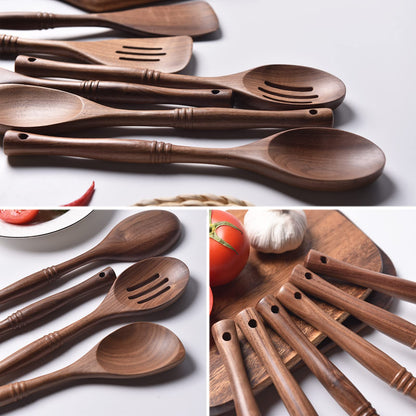 Gudamaye 12 inch Black Walnut Wooden Utensils - 6 Pcs Crafting Spoon Set for Cooking