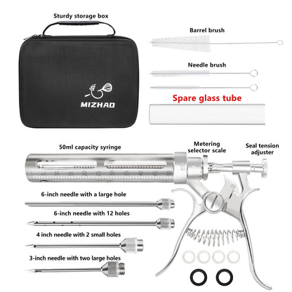 Premium Meat Injector Kit - Stainless Steel Marinade Syringe with 4 Needles, Leak-Proof, Food-Grade Injector for BBQ, Turkey, Chicken, and Grilling – Includes Bonus Glass Tube(9.1in)