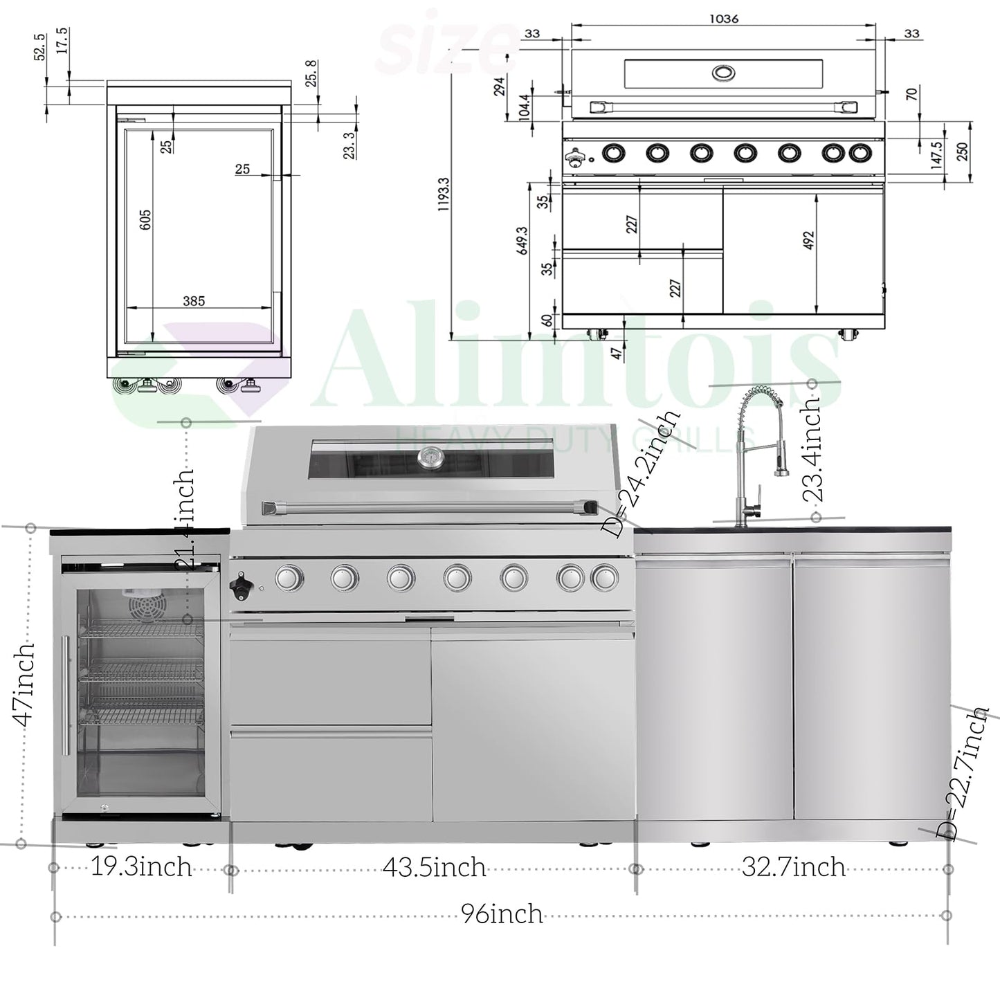 Alimtois BBQ Island Outdoor Kitchen: 96-Inch 6-Burner 85000 BTU Modular Outdoor Grill Islands with Grill + Wine Cooler Refrigerator + Rotisserie + / Steel Sink/Storage Cabinets & Drawers