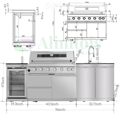 Alimtois BBQ Island Outdoor Kitchen: 96-Inch 6-Burner 85000 BTU Modular Outdoor Grill Islands with Grill + Wine Cooler Refrigerator + Rotisserie + / Steel Sink/Storage Cabinets & Drawers