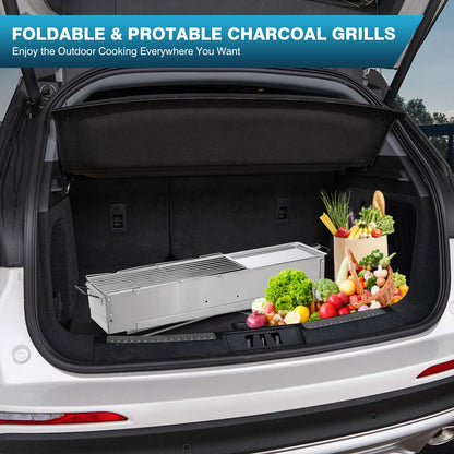 IRONWALLS Portable Charcoal Grills, L 32” x W 8” x H 31” Stainless Steel Folding Yakitori Grill with 25PCS 15” Kebab Skewers for Backyard Barbecue Outdoor Cooking Camping Hiking Picnic