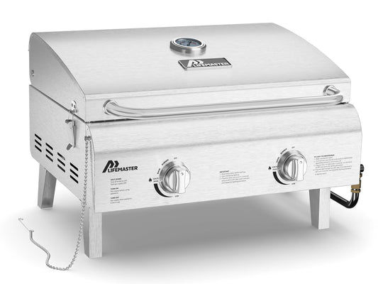 Lifemaster Portable Stainless Steel Gas Grill - 2 Burners Easy Clean Tabletop BBQ Propane Gas Grill with Foldable Legs and Wind Proof Lid for Camping and Outdoor - Silver