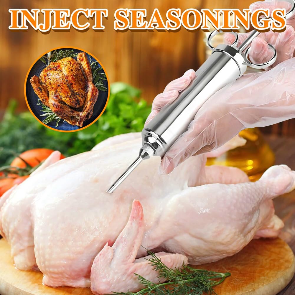 PEOUWNES 304-Stainless Steel Meat Injector Syringe Kit with 3 Marinade Needles for BBQ Grill Smoker, Turkey, Beef, Brisket, Fish, 2-oz Large Capacity, Silicone Brush and Cleaning Brush