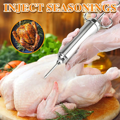 PEOUWNES 304-Stainless Steel Meat Injector Syringe Kit with 3 Marinade Needles for BBQ Grill Smoker, Turkey, Beef, Brisket, Fish, 2-oz Large Capacity, Silicone Brush and Cleaning Brush