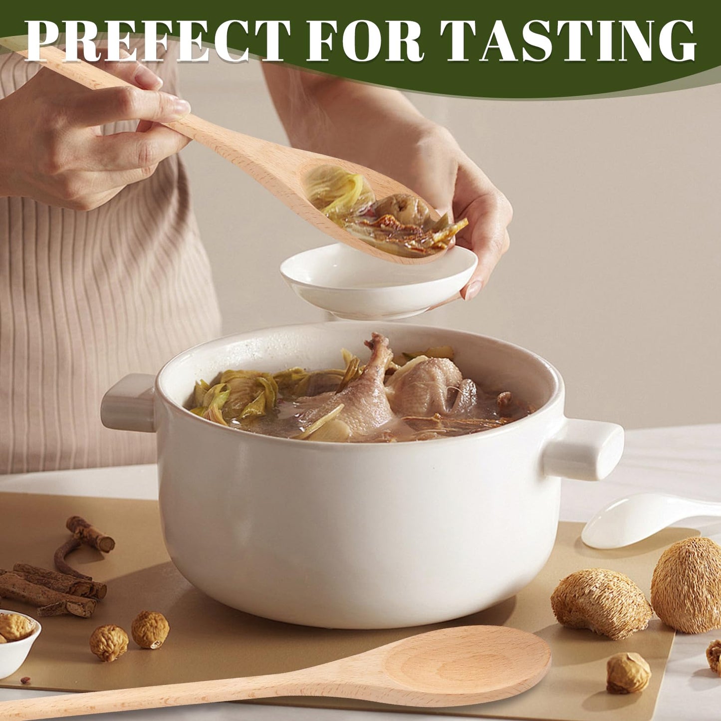 WYOMER 3 PCS Wooden Spoons for Cooking, 12 Inch Long Handle Made of Natural Beechwood, Cooking Mixing Oval Spoons to Baking, Stir Meals, Tasting Stirring Food