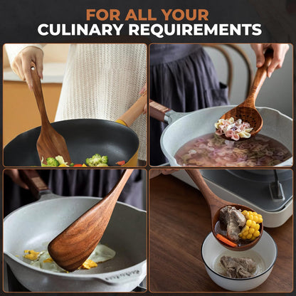 KAQISE 10PCS Premium Wooden Spoons for Cooking, Kitchen Essential Wooden Utensils Set, Teak Wood Culinary Utensils Set for Families