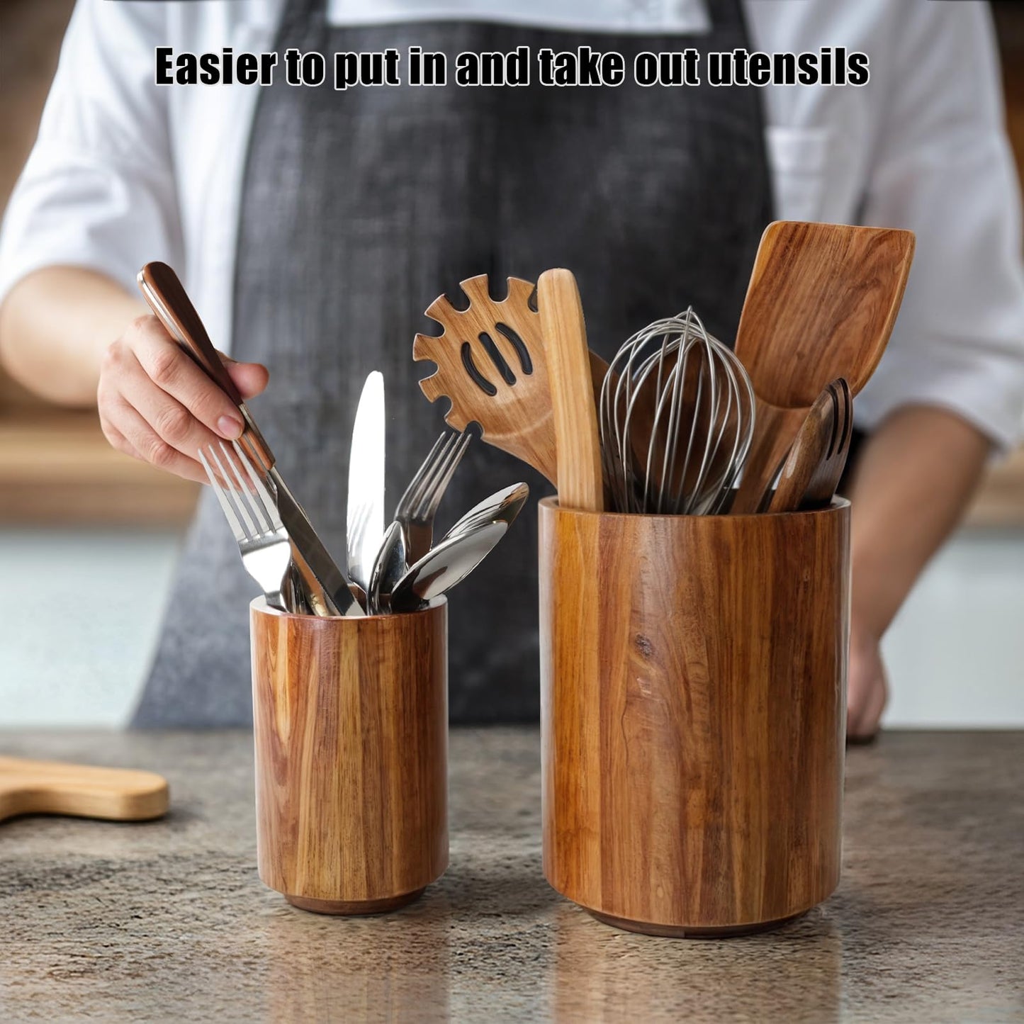 LIOZLIOLY Large Acacia Wood Utensil Holder for Kitchen Counter, 360° Rotating Kitchen Utensil Holder, Set of 2 (7.9" & 5.9"), Rustic Farmhouse Decor Accessories