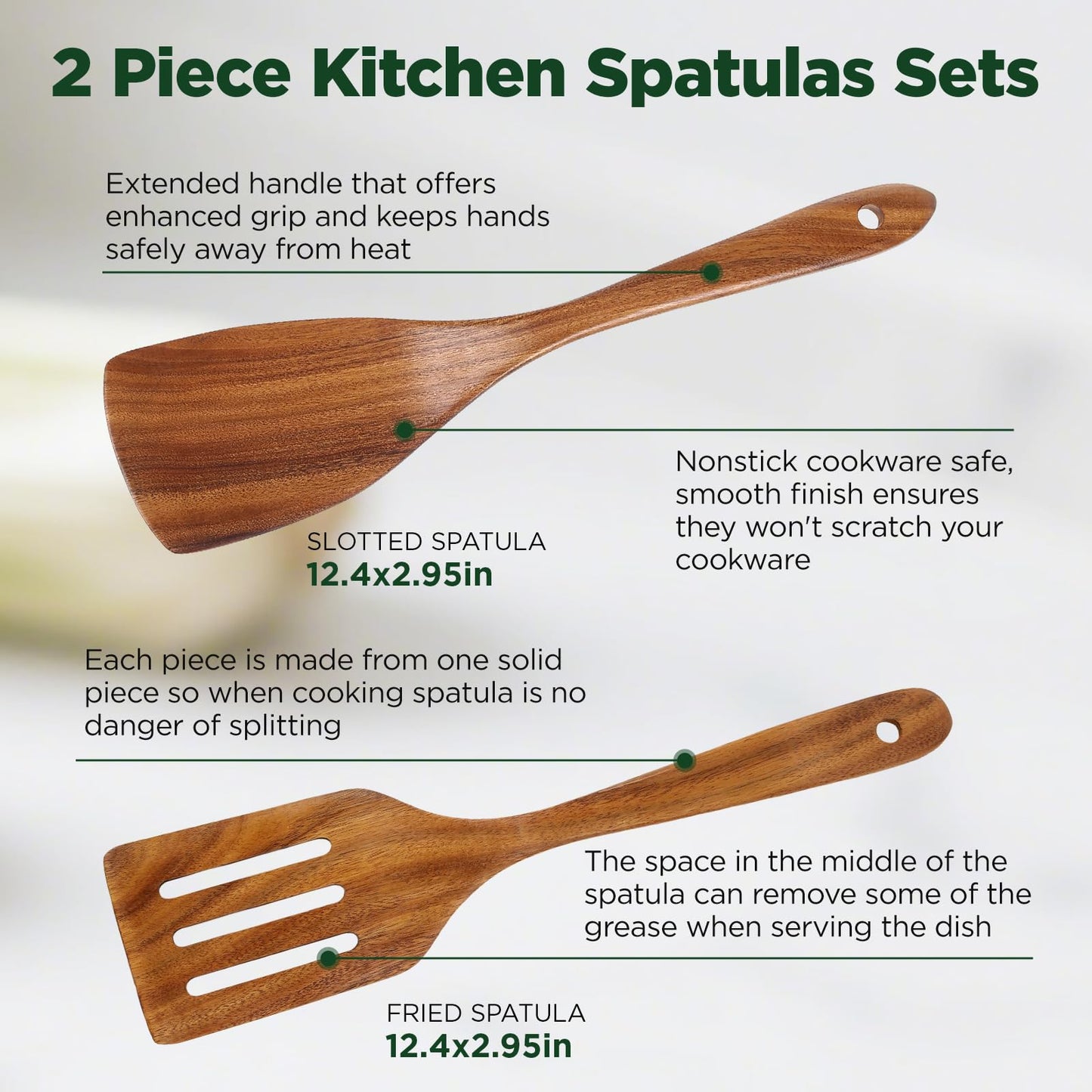 ANBUY Wooden Spatula for Cooking, Flat Wooden Turner Set, Non Scratch Slotted Frying Spatula Set for Nonstick Pans, Non Toxic Wood Spatulas for Kitchen Use, 2 Piece Utensil Set