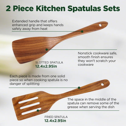 ANBUY Wooden Spatula for Cooking, Flat Wooden Turner Set, Non Scratch Slotted Frying Spatula Set for Nonstick Pans, Non Toxic Wood Spatulas for Kitchen Use, 2 Piece Utensil Set