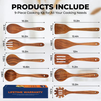 YTYOTO Wooden Spoons for Cooking, Natural Teak Wooden Kitchen Utensils Set, Essential Wooden Spoon Set (9Pcs)