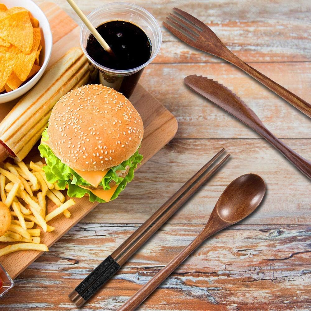 Wooden Utensil Flatware Set Reusable Utensils Travel Cutlery Set for Eating with Case, 10 Pcs Wooden Spoon and Fork Set Bamboo Flatware Set