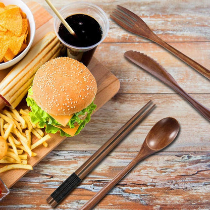 Wooden Utensil Flatware Set Reusable Utensils Travel Cutlery Set for Eating with Case, 10 Pcs Wooden Spoon and Fork Set Bamboo Flatware Set