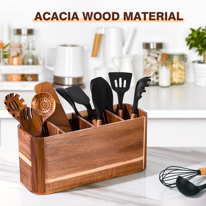 Utensil holder for Kitchen Counter - Large Kitchen Utensil Holder Organizer for Counter or Countertop, Large Wooden Utensil Holder with 4 Compartment（Acacia Wood）