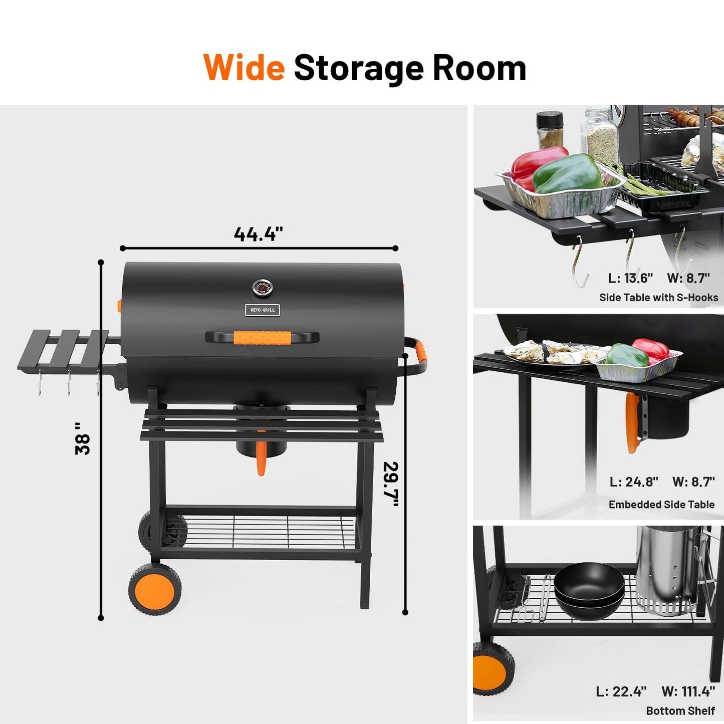 KEYO GRILL 29-Inch Barrel Charcoal Grill with Manual Rotisserie Meat Fork,Heavy duty BBQ grill with Detachable Windproof Ash Collector, Barbecue Smoker Grill Combo for Backyard, Patio and Parties