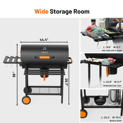 KEYO GRILL 29-Inch Barrel Charcoal Grill with Manual Rotisserie Meat Fork,Heavy duty BBQ grill with Detachable Windproof Ash Collector, Barbecue Smoker Grill Combo for Backyard, Patio and Parties