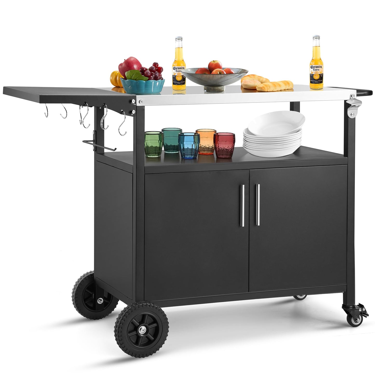OUTGUAVA Outdoor Grill Cart with Storage Movable Grill Cart Outdoor Kitchen Island Pizza Oven Table Food Prep Table with Wheels Storage Cabinet for Outside Patio Backyard Garden