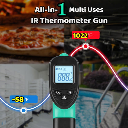 OnniOne Infrared Thermometer Gun for Cooking, -58℉~1022℉, Digital Laser Temperature Gun for Blackstone Pizza Oven Reptiles, IR Thermometer with Carrying Storage Case, Larger Font, LCD Backlit, Green