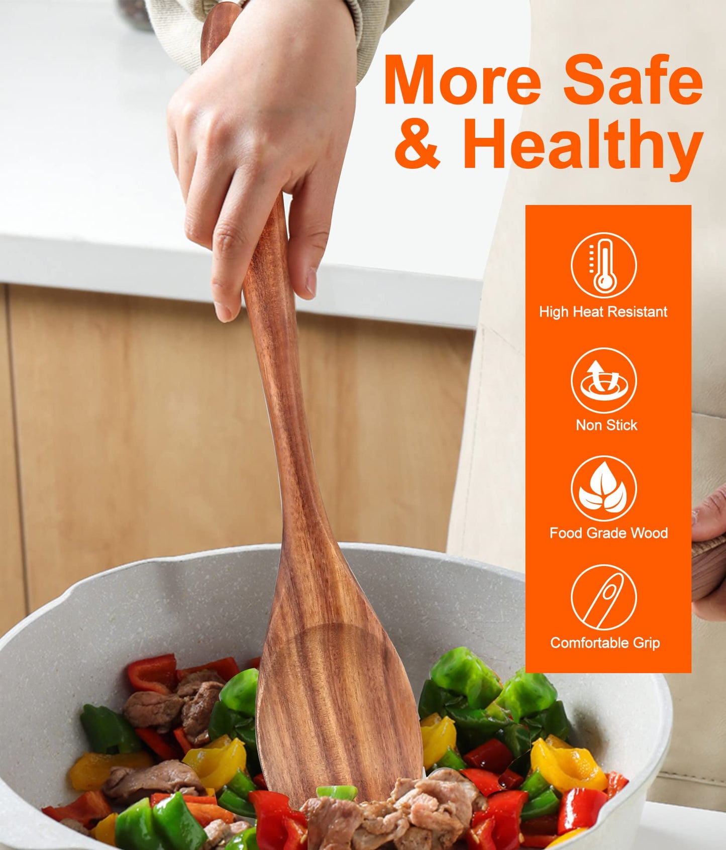 2-Piece 14 inch Large Wooden Spoon Set Non Toxic Solid Wood Spoon Cooking Utensils Slotted Spoon Long Non-Stick Cooking Spoons Teak Wood Kitchen Spatula for Mixing Stirring Serving Spoons