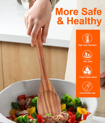 2-Piece 14 inch Large Wooden Spoon Set Non Toxic Solid Wood Spoon Cooking Utensils Slotted Spoon Long Non-Stick Cooking Spoons Teak Wood Kitchen Spatula for Mixing Stirring Serving Spoons