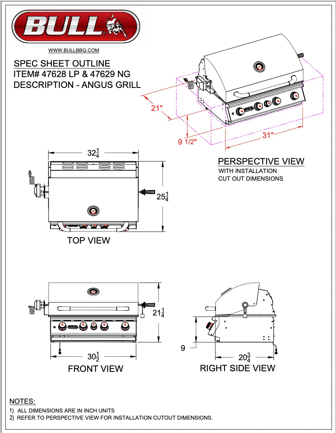 Bull Outdoor Products BBQ 47628 Angus 75,000 BTU Grill Head, LP, 304 Stainless Steel, 4 Burners, 810 sq. Inches, Twin Lights, Rotisserie Kit