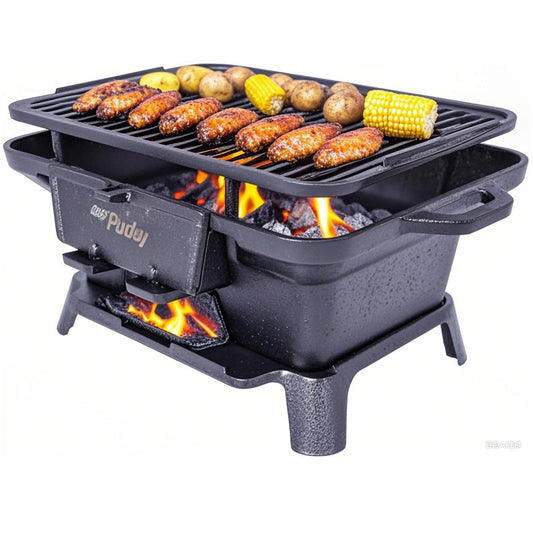Anveffeg Cast Iron Hibachi Grill – Portable Charcoal BBQ for Outdoor Cooking, Durable Tabletop Skillet, Compact Camping Charcoal Cooker for Tailgating, Picnics & Hunting (Rectangle)