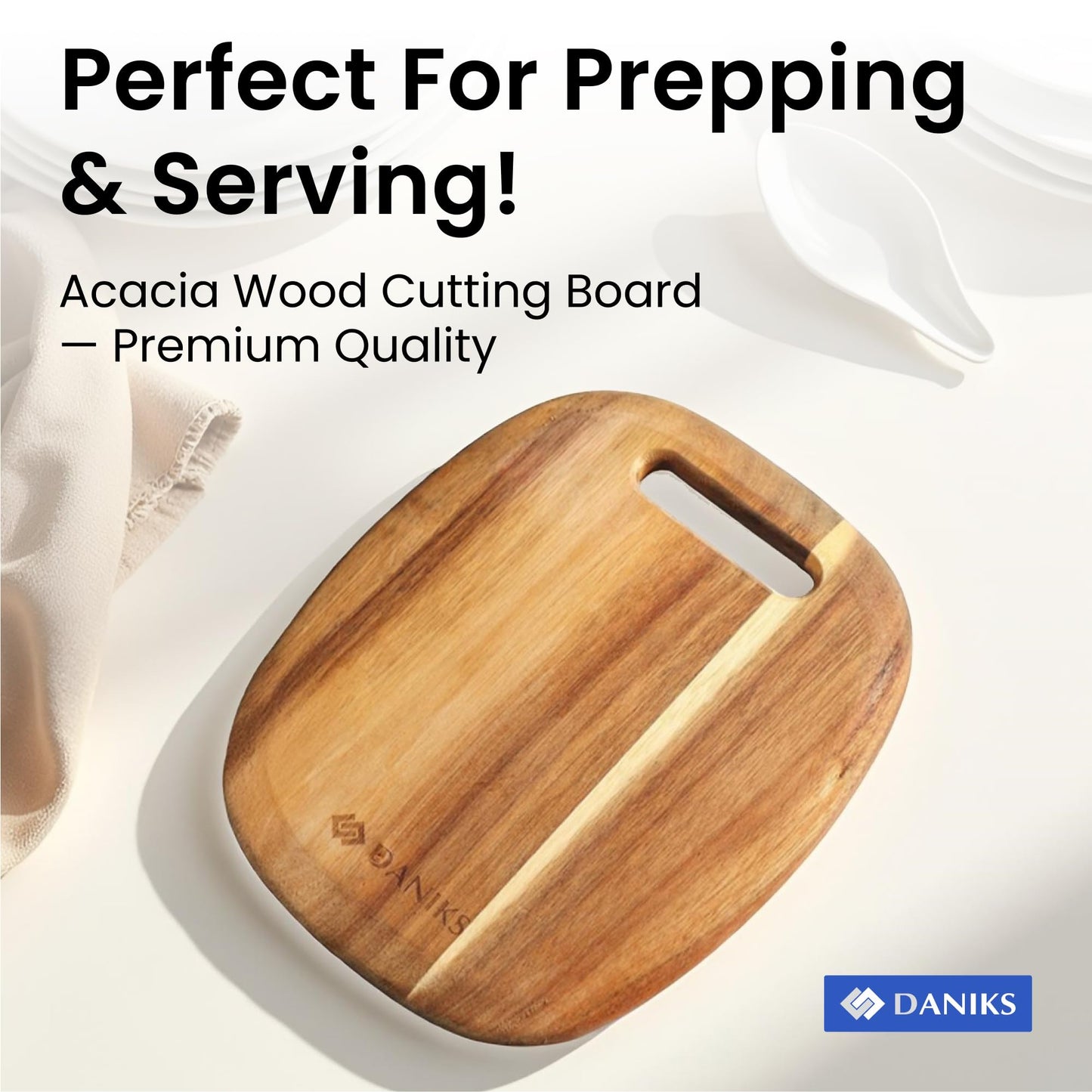 Daniks 100% Natural Acacia Wood Cutting Board 9,5х8” – Extra Thick, Heavy Duty Wooden Chopping Board for Kitchen & Serving – Perfect for Fruits, Vegetables, Meat, and Bread – BPA Free, Eco-Friendly